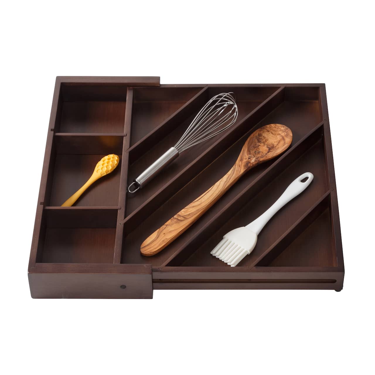 17'' Walnut Expandable Diagonal Bamboo Drawer Organizer with Adjustable Dividers